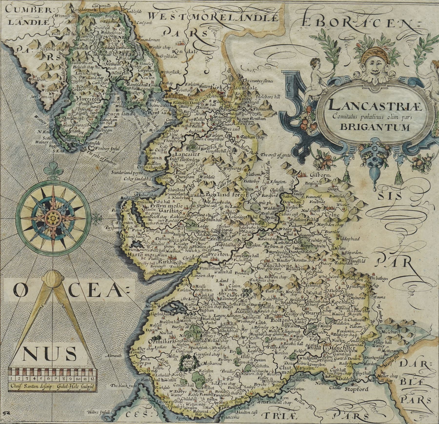Gulielmus Hole (British ?-1624) and Christopher Saxton (British 1540-1610): 'Lancastriae Comitatus palatinus olim pars Brigantum', 17th century engraved map with hand-colouring of Lancaster 33cm x 39cm
