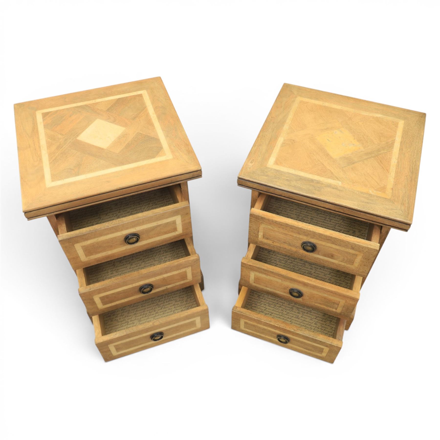 Barker & Stonehouse - contemporary flagstone and mango wood bedside cabinets, square top with inlaid flagstone, above three drawers with metal ring pull handles, raised on a plinth base with bracket feet