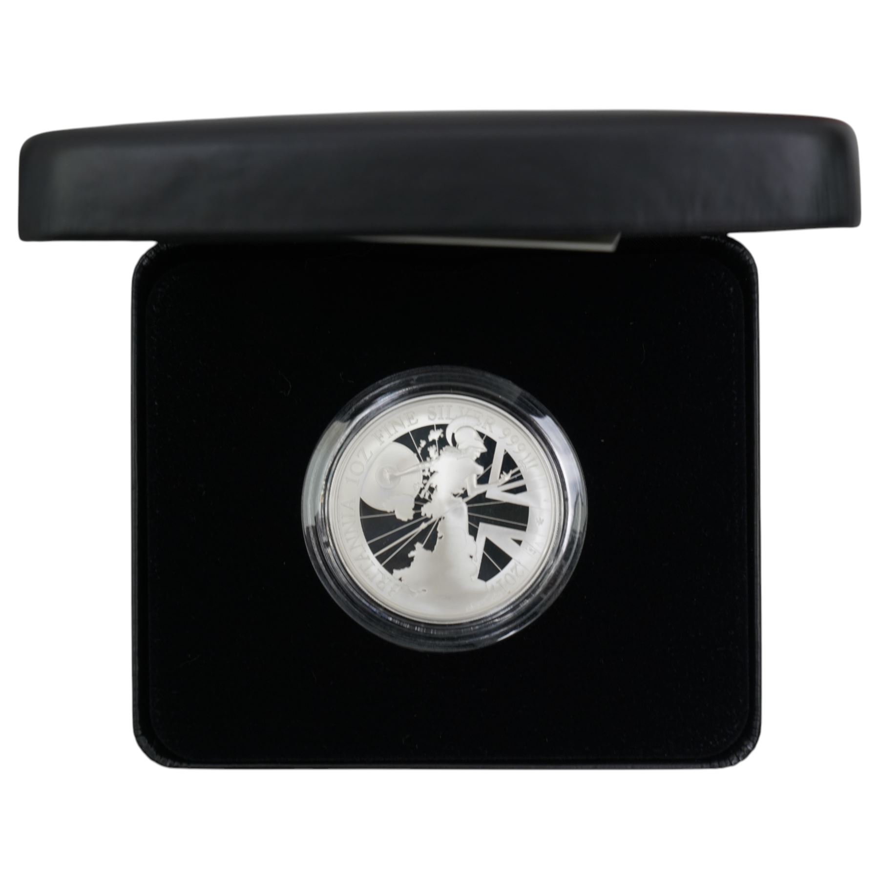 Five The Royal Mint United Kingdom silver proof coins, comprising 2017 one ounce Britannia, 2017 '100th Anniversary of the First World War' piedfort two pound, 2018 'Remembrance Day' piedfort five pound, 2019 'Remembrance Day' piedfort five pound, and 2019 'Wallace & Gromit' fifty pence