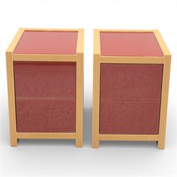 Sliderobes - modern dressing table and two bedside cabinets, red glass panels to top and drawer fronts, drawers with push to open mechanism, with veneered oak frames (Bedside tables H 56cm, D 50cm, W 40cm; Dressing table: H 83cm, D 50cm, W 135cm)