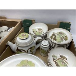 Denby Troubadour pattern part tea and dinner service, to include teapot, coffee pot, covered dishes, eight dinner plates, seven side plates etc, in three boxes 