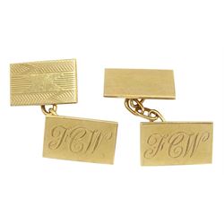 Pair of 9ct gold rectangular cufflinks, with initialled and engine turned decoration