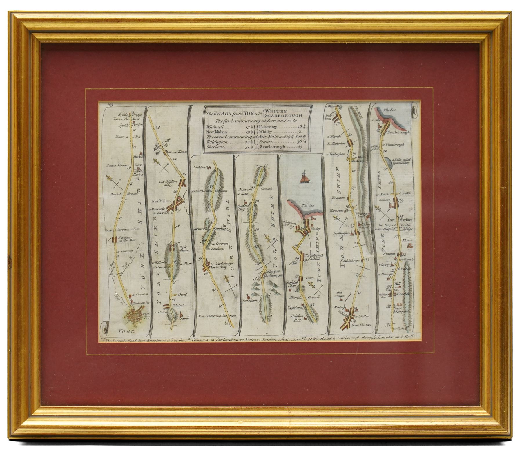 John Ogilby (British 1600-1676): ''The Road from London to Flamborough Head', 17th century engraved strip map with hand-colouring 36cm x 45cm; and 'The Roads from York to Scarborough' 18th century double-sided engraved strip map with hand-colouring to one side 16cm x 21cm (2)