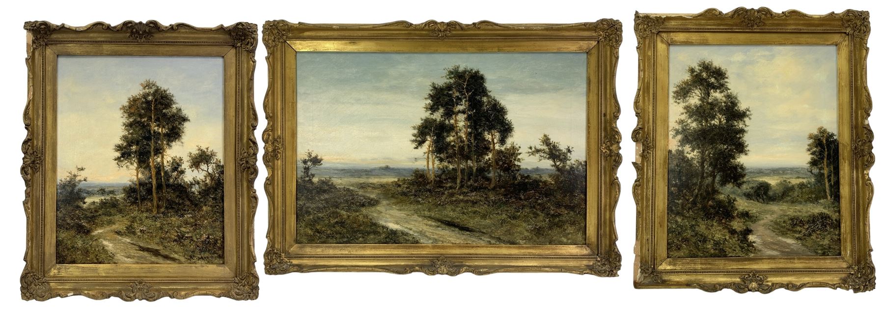 L Richards aka David Sherrin (British 1868-1940): Country Paths at Dawn, tryptic oils on canvas max 50cm x 75cm (3)