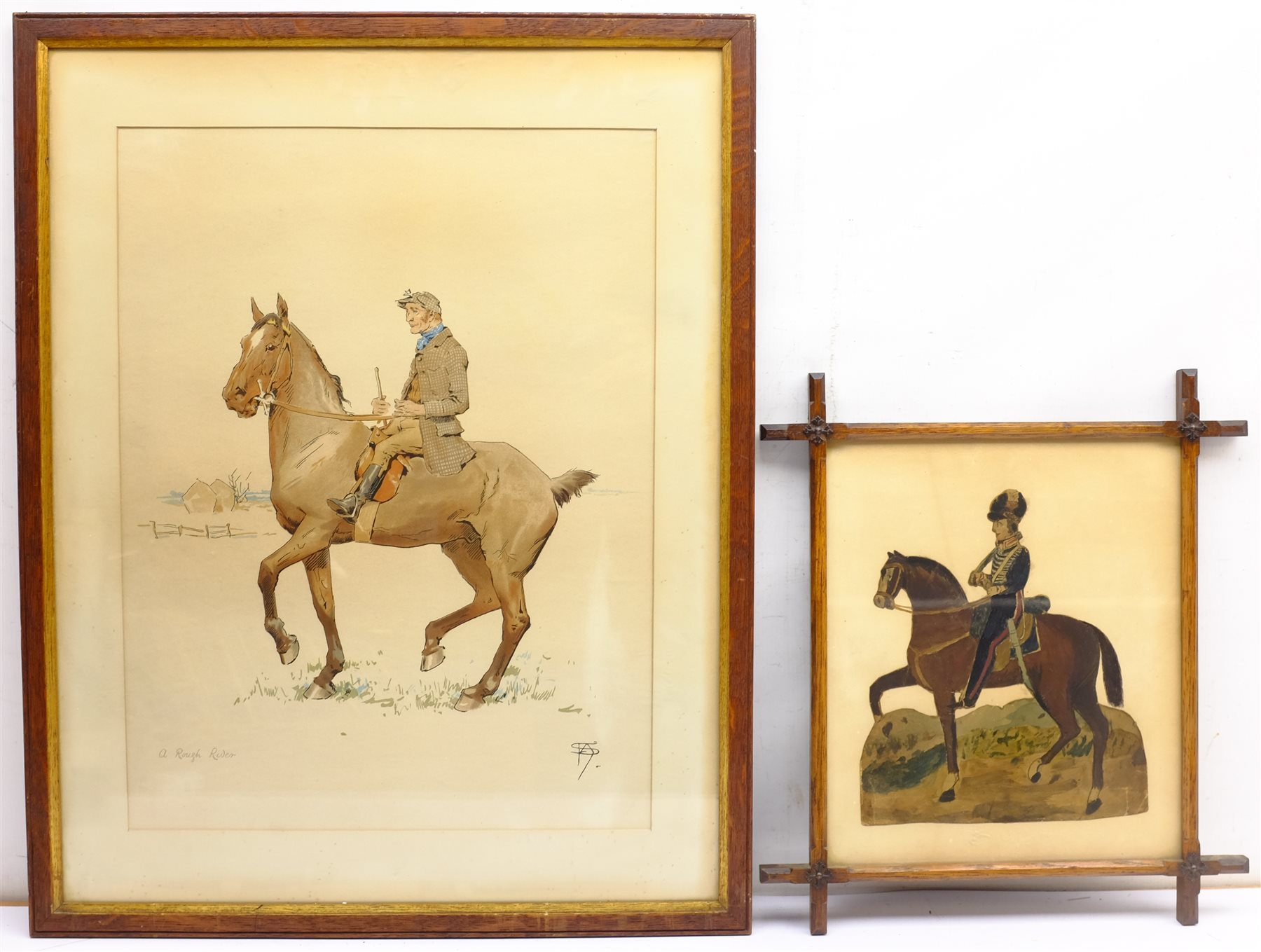 After Edward Algernon Stuart Douglas (British 1850-1920): 'A Rough Rider', colour lithograph 53cm x 40cm and English Primitive School (19th century): Portrait of Horse and Rider, cut-out watercolour in cruciform oak frame 33cm x 28cm (2)