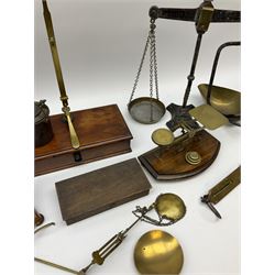 Various sets of scales and similar items including Salter's pocket balance to weigh 25lb, Day & Millard brass and black painted balance scales and various other similar items