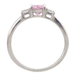9ct white gold three stone oval pink stone and cubic zirconia ring, hallmarked