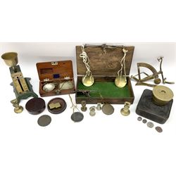 Set of early 19th century nickel pocket beam scales in fitted mahogany case with weights compartment (empty) L10.5cm; two Georgian sets of steel pocket beam scales in associated boxes; Salter No.18E egg scales; French brass quadrant scales; set of seven brass graduated cup weights; and quantity of other weights