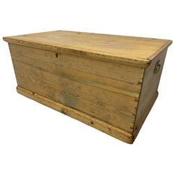 Victorian pine blanket box, hinged lid, fitted with carrying handles, on castors