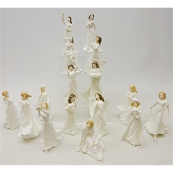  Sixteen Royal Doulton figures in the Sentiments series designed by A. Maslankowski comprising HN3124, HN3388, HN3389, HN3390, HN3393, HN3394, HN3488, HN3491, HN3493, HN3727, HN3733, HN3934, HN3953, HN4067, HN4255 and HN4442, three with certificates (16)  
