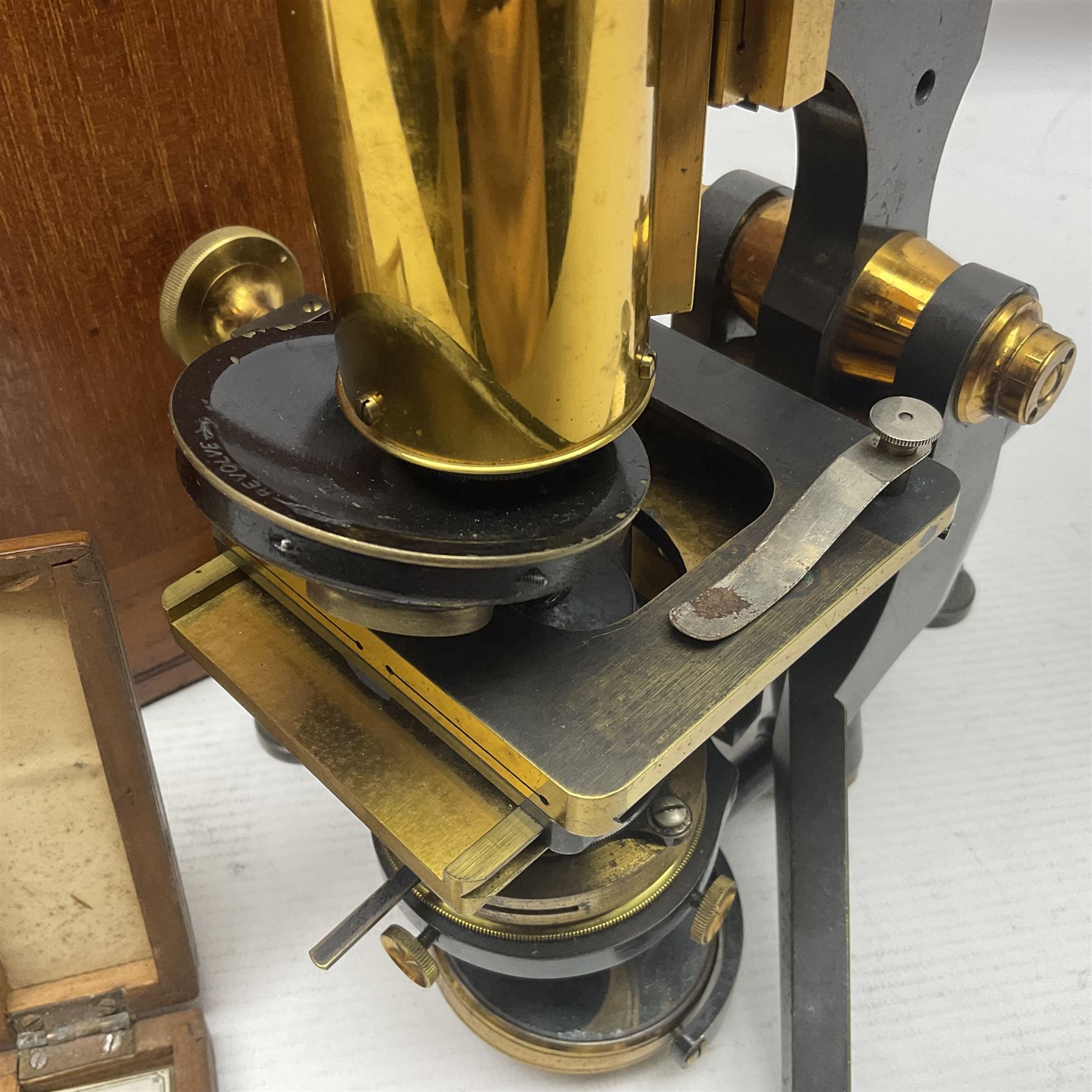 W. Watson & Sons Ltd lacquered brass compound microscope circa 1910, the back foot signed W. Watson & Sons Ltd, 313 High Holborn London and numbered 8193, together with a boxed collection of glass microscope biological sample slides
