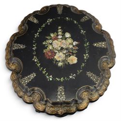 Victorian papier mache table, tilt top with painted decoration and mother of pearl inlay, raised on a baluster column shaped base terminating in pad feet