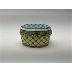 Late 19th Century pot lid bearing ‘The Residence of Anne Hathaway, Shakespeare’s Wife’ below printed decoration of thatched houses and animals scene, Royal Crown Derby Chinoiserie pattern coffee can and saucer, Rd No 758225, and an oval trinket box with gilt decoration bearing interlaced L mark to base (4)