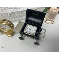 Six small mantel clocks; Grace Darling moulded glass dish; and boxed Beswick figure