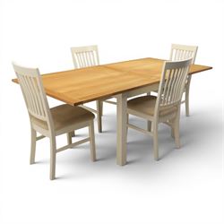 Contemporary Oak fold-over leaf dining table and four chairs, square top extending to a rectangular top 200cm, four white dining chairs with upholstered and padded seats