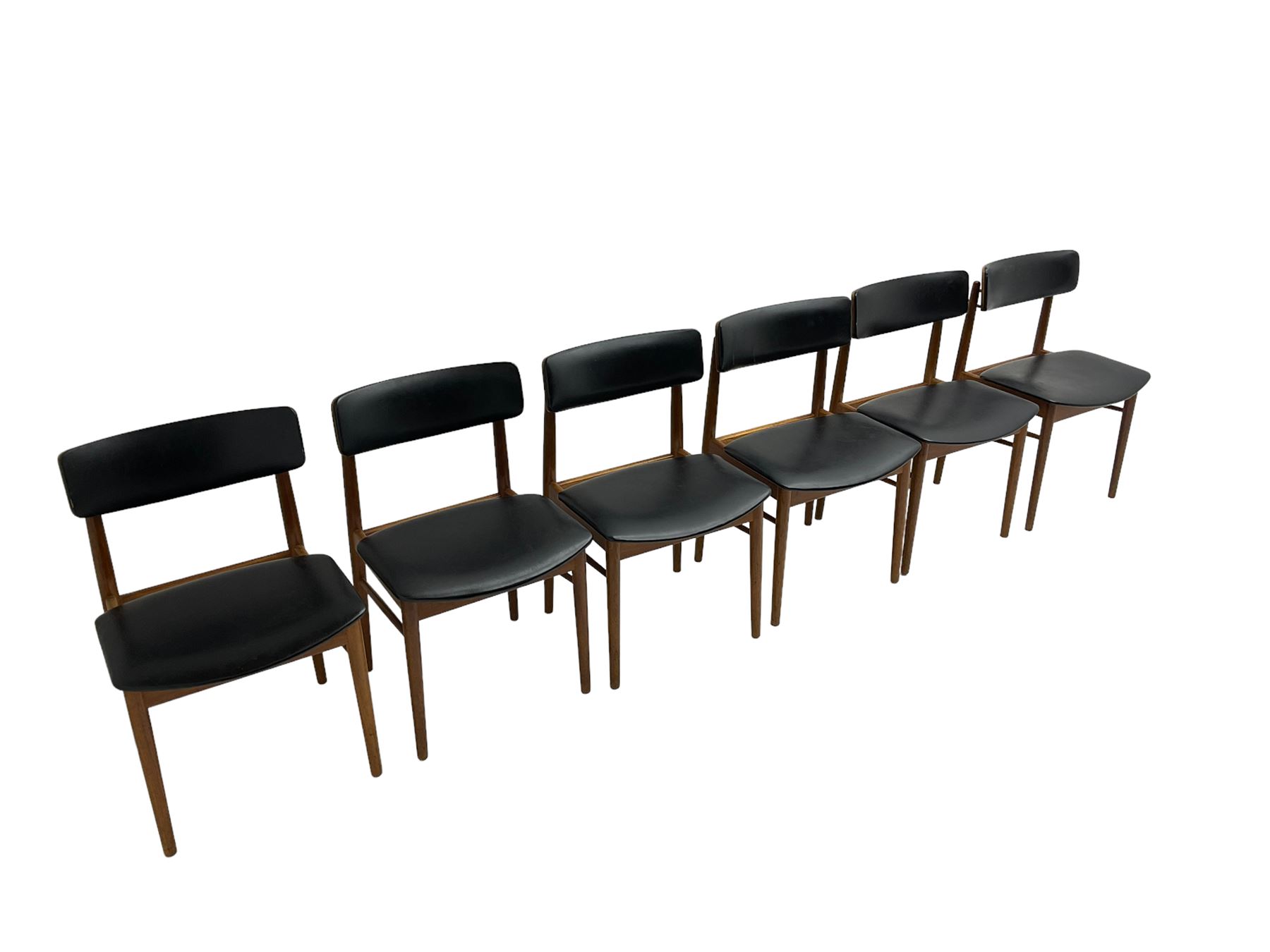 S Chrobat for Sax Mobler - set six mid-20th century Danish teak dining chairs, seat and back rail upholstered in black leatherette, raised on tapering supports