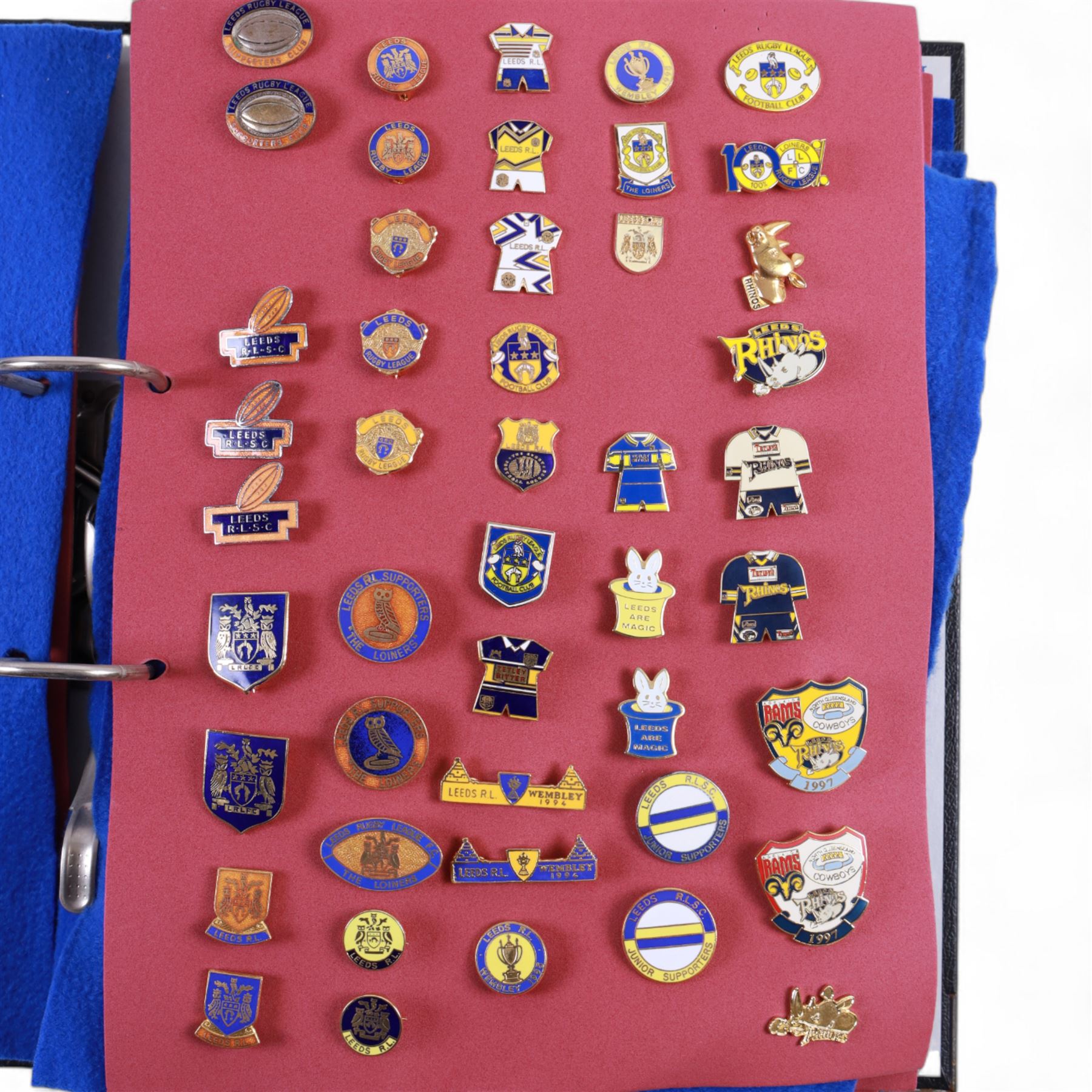 Rugby league enamel badge collection, from clubs including Leeds Rhinos, Lancashire Lynx, Leigh Centurions, London Broncos, Trafford Borough,Toulouse,  Belle Vue Rangers, Carlisle, Nottingham City Outlaws, housed in two folders, (approximately 280)
