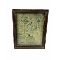 Small Victorian sampler, worked with house and other motifs including birds and flowers, within a strawberry vine border, framed and glazed, overall H22cm W18cm