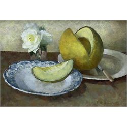 Thomas Henslow Barnard (British 1898-1992): Still Life of Melon, oil on board signed and dated 1982, 24cm x 35cm