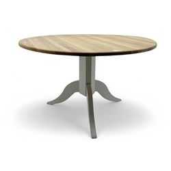 Contemporary Neptune 'Chichester' dining table, circular oak plank top over a grey painted...