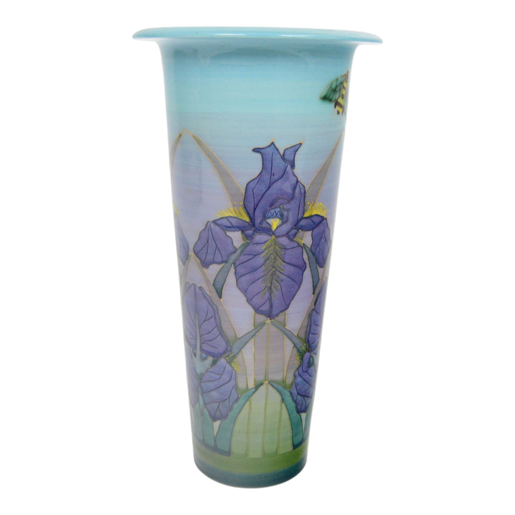 Dennis Chinaworks, Iris vase, by Sally Tuffin, dated 2002, cylindrical form with flared rim, decorated with irises and bees upon blue green ground, signed and stamped beneath, H29cm
