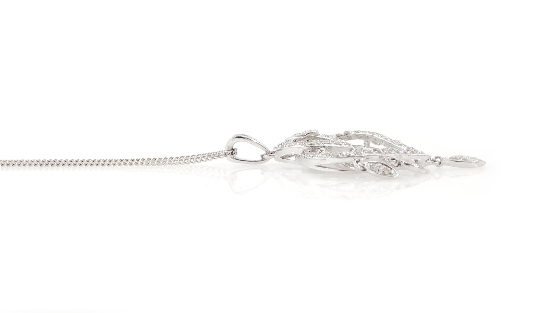 9ct white gold diamond pendant necklace, the openwork pendant set with single cut diamonds, suspending further single cut diamonds, both hallmarked
