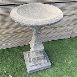 Cast stone circular garden bird bath, on square plinth, D60, H85 - THIS LOT IS TO BE COLLECTED BY APPOINTMENT FROM DUGGLEBY STORAGE, GREAT HILL, EASTFIELD, SCARBOROUGH, YO11 3TX