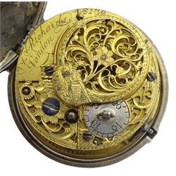 George III silver pair cased verge fusee pocket watch by John Richards, London, pierced and engraved balance cock, white enamel dial with Arabic numerals, bull's eye glass, case by Thomas Gosling, London 1778/80