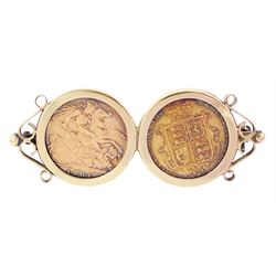 Queen Victoria 1859 gold half sovereign coin and an Edward VII 1907 gold half sovereign coin, both loose mounted in a 9ct gold brooch, hallmarked