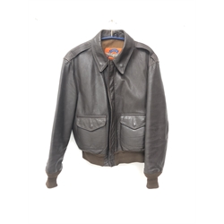  WW2 US Air Force style brown leather flying type jacket, labelled Cooper Type A-2 , size 40R, with hook and eye neck, press stud collar and twin pocket flaps, Ideal  metal zip and elasticated waist and cuffs,   
