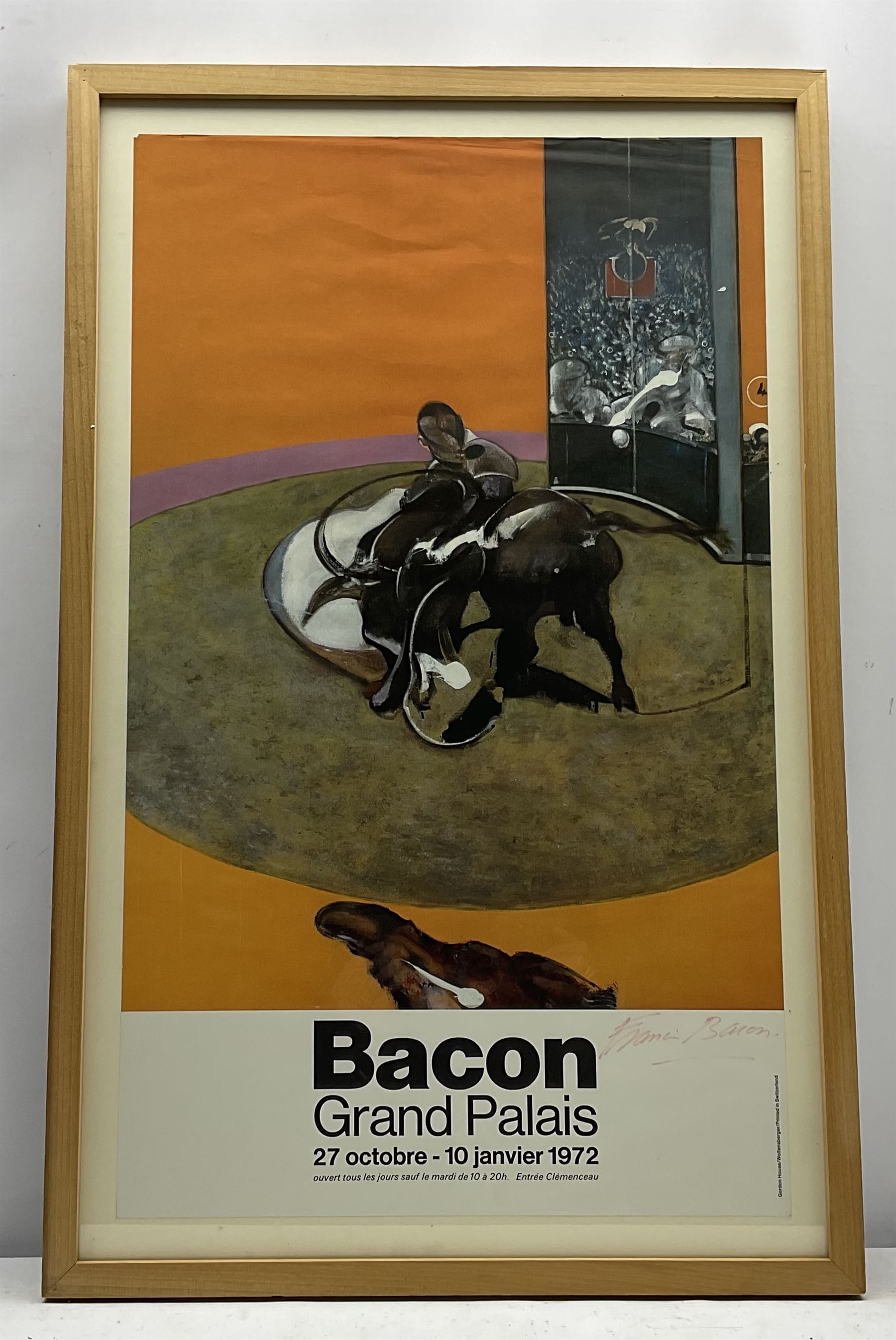 Francis Bacon (British 1909-1992): Exhibition Poster - 'Bacon Grand Palais 1972', signed in red, printed Gordon House/Wolfensberger/Switzerland 72cm x 43cm
Provenance: with David Duggleby Ltd 16th March 2015, Lot 292; given to the late Cavan O'Brien of Bridlington/London who worked at the Marlborough Gallery Old Bond Street