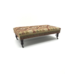  Victorian style Kelim covered long stool, turned supports on castors (W64cm, H37cm, D124cm) and three matching cushions (4)  