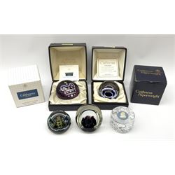 A group of four Caithness paperweights, comprising Golden Jubilee Regal Crown example, Royal Cypher example, example commemorating the marriage of the Prince of Wales and Lady Diana Spencer, and further Royal related example, two in presentation boxes, the other two boxed, together with a Wedgwood glass and Jasperware Winston Churchill paperweight. (5). 