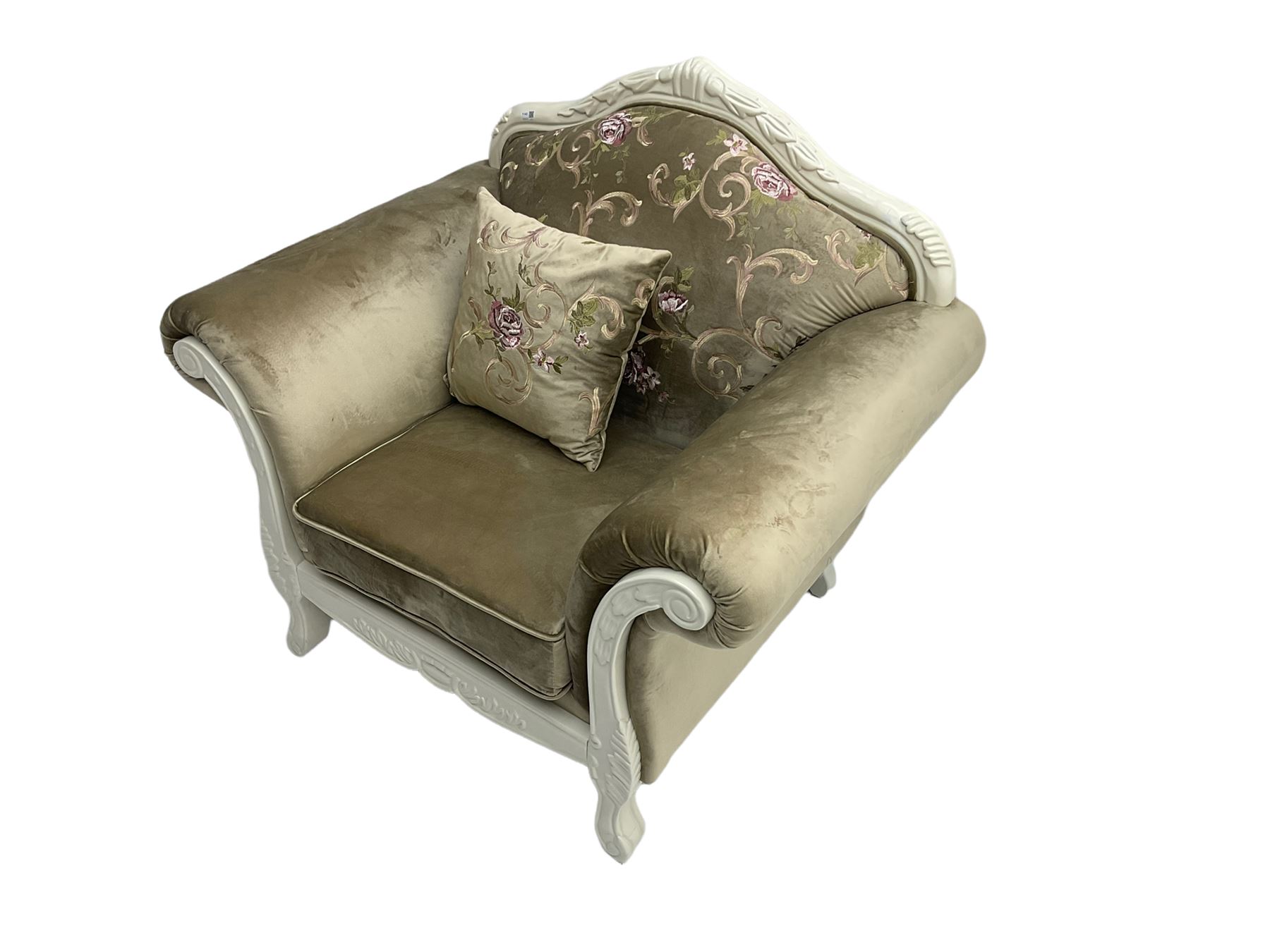 French style white finish armchair, upholstered in grey fabric with scrolling floral pattern, the frame decorated with leaf motifs 