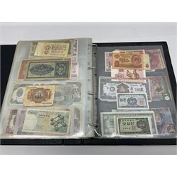 World and Great British banknotes to include Brazil, Canada, France, Germany, Ghana, Indonesia, Iraq, Hong Kong, Hungary, Japan, Vietnam, Zimbabwe, a collection of Chinese ‘Hell Money’, and quantity of ‘De La Rue Systems’ test notes, housed in ring binder and loose