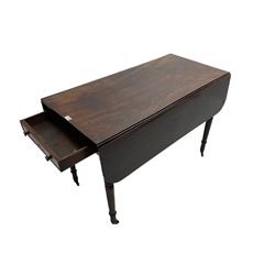 19th century mahogany drop leaf Pembroke table, moulded rectangular top with single drawer to end, turned supports with brass cups and castors