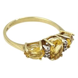 9ct gold three stone oval and pear shaped citrine and diamond ring, hallmarked