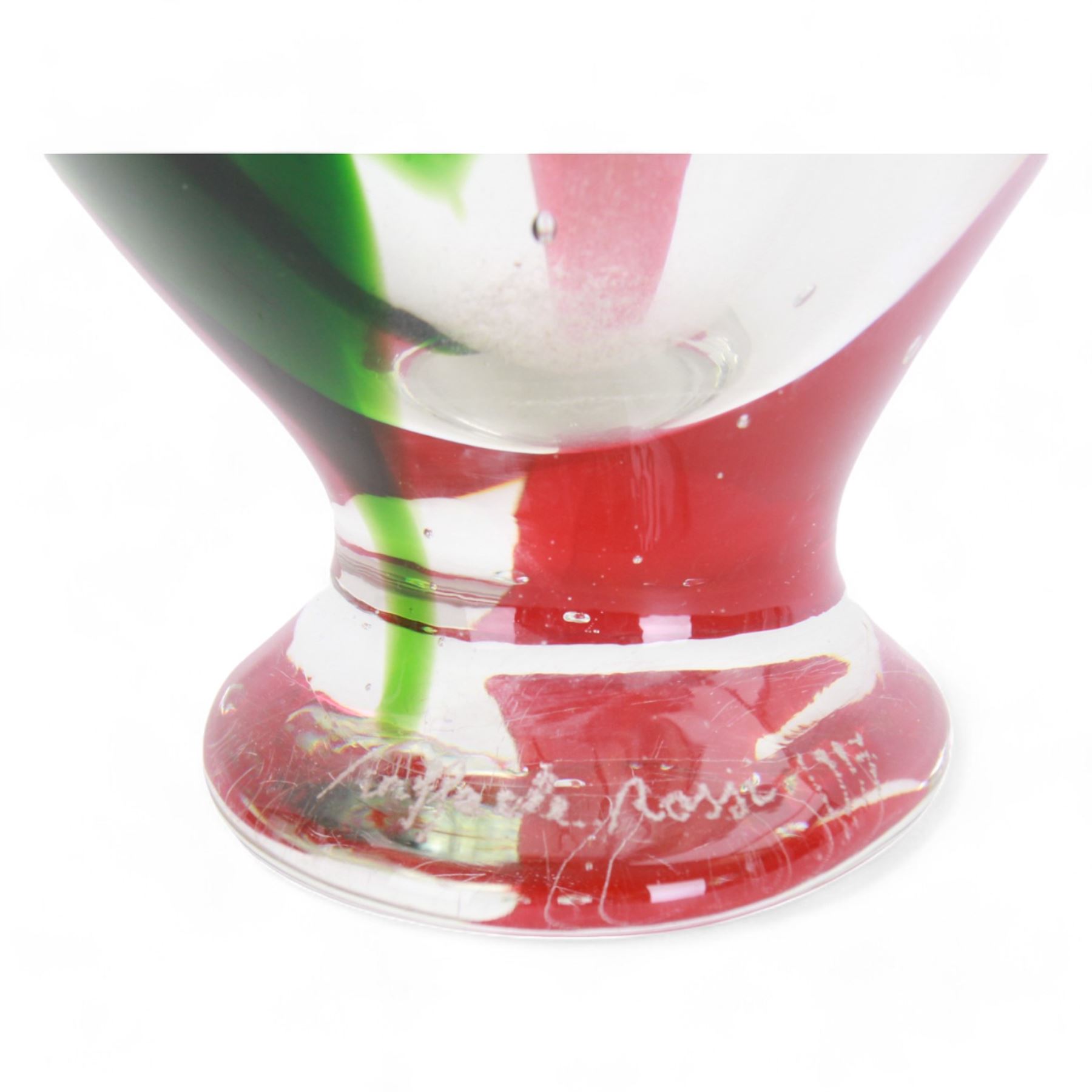 Raffaele Rossi (Italian 1956-): Large hand blown glass vase of tapering form, the cased glass body with green and red internal decoration, on oval foot, signed and dated 1997, H40cm 