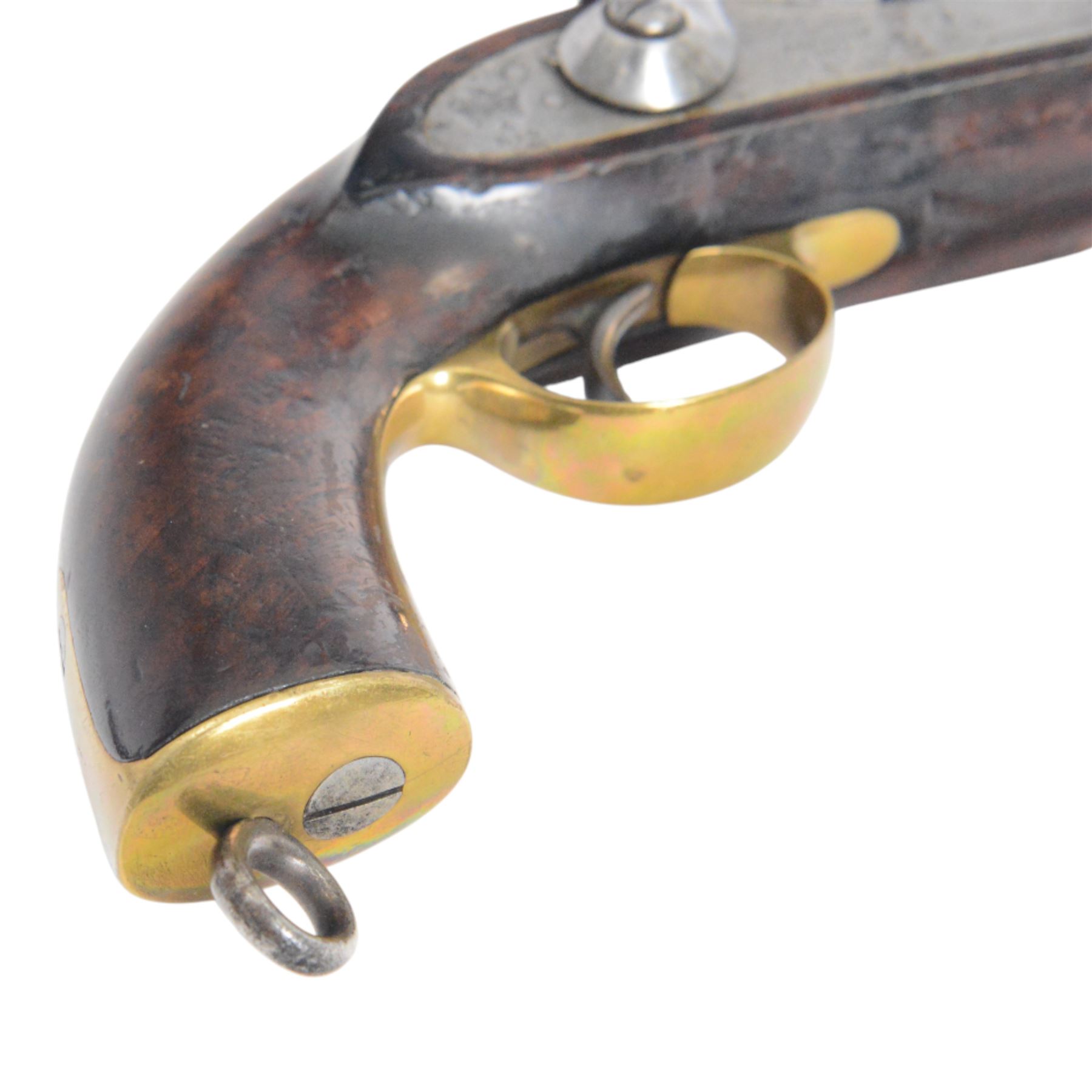 Cavalry Pistol, East India Government, 1871, with 8in smoothbore barrel, lock marked 'E.I.G.' and 'BIRMINGHAM 1871', crown and broad arrow device at tail, walnut full-stock with brass furniture, the left side marked 'JOSEPH SMITH' and stamped with a 'BIRMINGHAM E.I.G.' roundel, fixed lanyard ring at heel and iron ramrod, overall L35cm