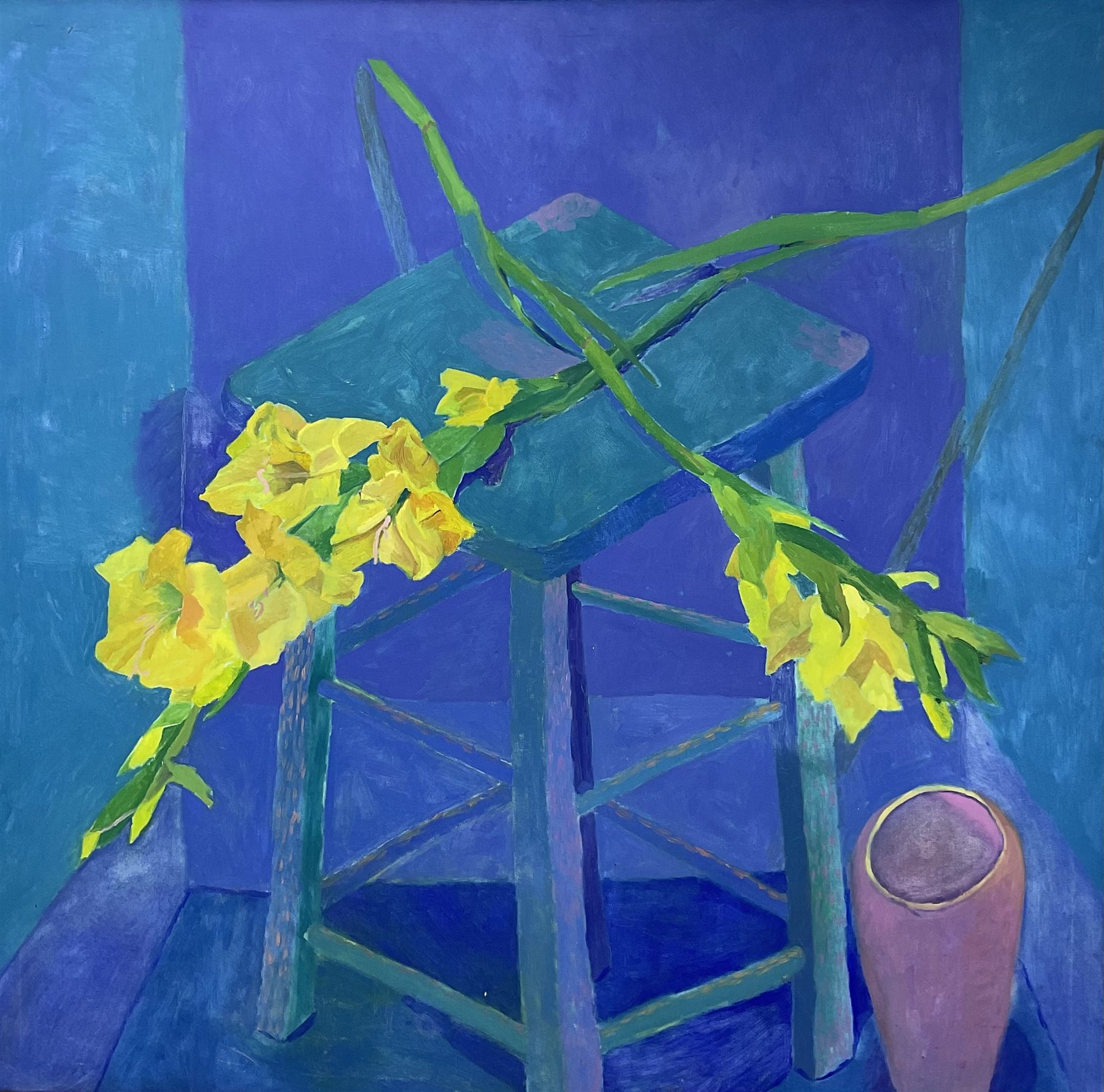 Catherine Ann Merkin (British 1969-): Yellow Flowers on a Stool, oil on canvas, signed and dated 1991 verso 152cm x 152cm