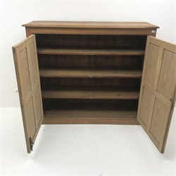 Late 19th century pitch pine double cupboard, two door with fielded panels enclosing three shelves, W144cm, H124cm, D44cm