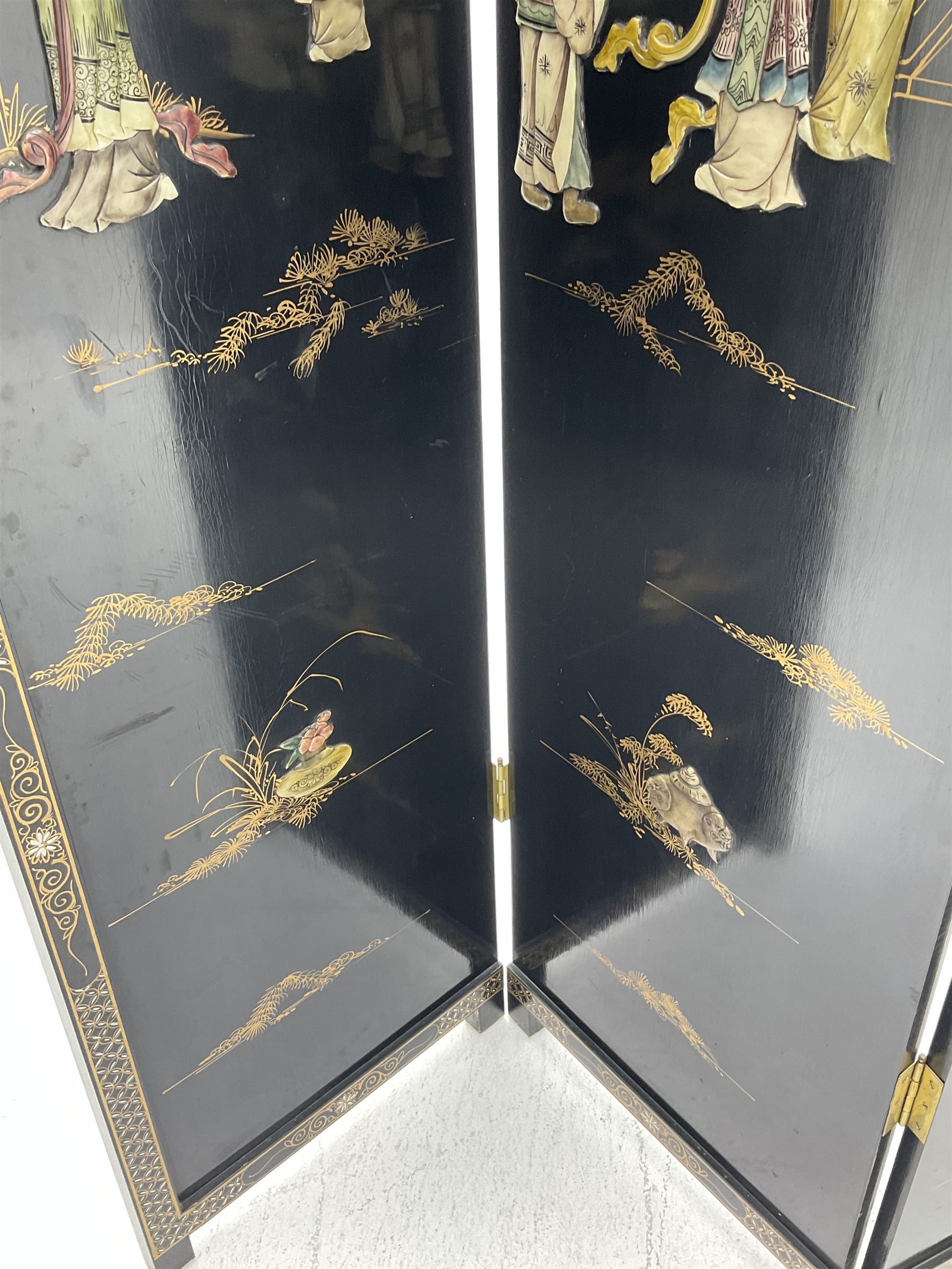 Japanese black lacquered four panel screen, with shibayama type decoration 
