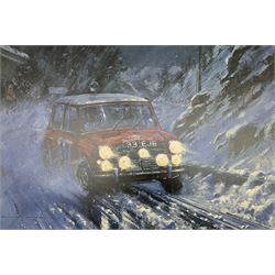 Nicholas Watts (British 20th century): 'Monte Carlo Rally 1964', limited edition print signed by the artist and two drivers Paddy Hopkirk and Henry Liddon 53cm x 72cm; Alfredo De La Maria (Uruguayan 1945-): six limited edition prints, max 64cm x 87cm (7) (unframed)