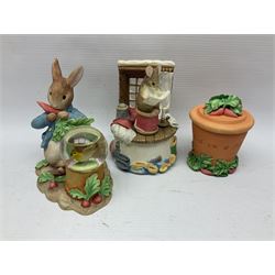 Twelve Border Fine Arts The World of Beatrix Potter and Peter Rabbit Collection figures, including Musical Tailor of Gloucester, Peter Rabbit with Miniature Waterball, Peter Hid in a Flowerpot trinket box, Jemima Puddle Duck with Herbs and Gentleman Mouse, etc