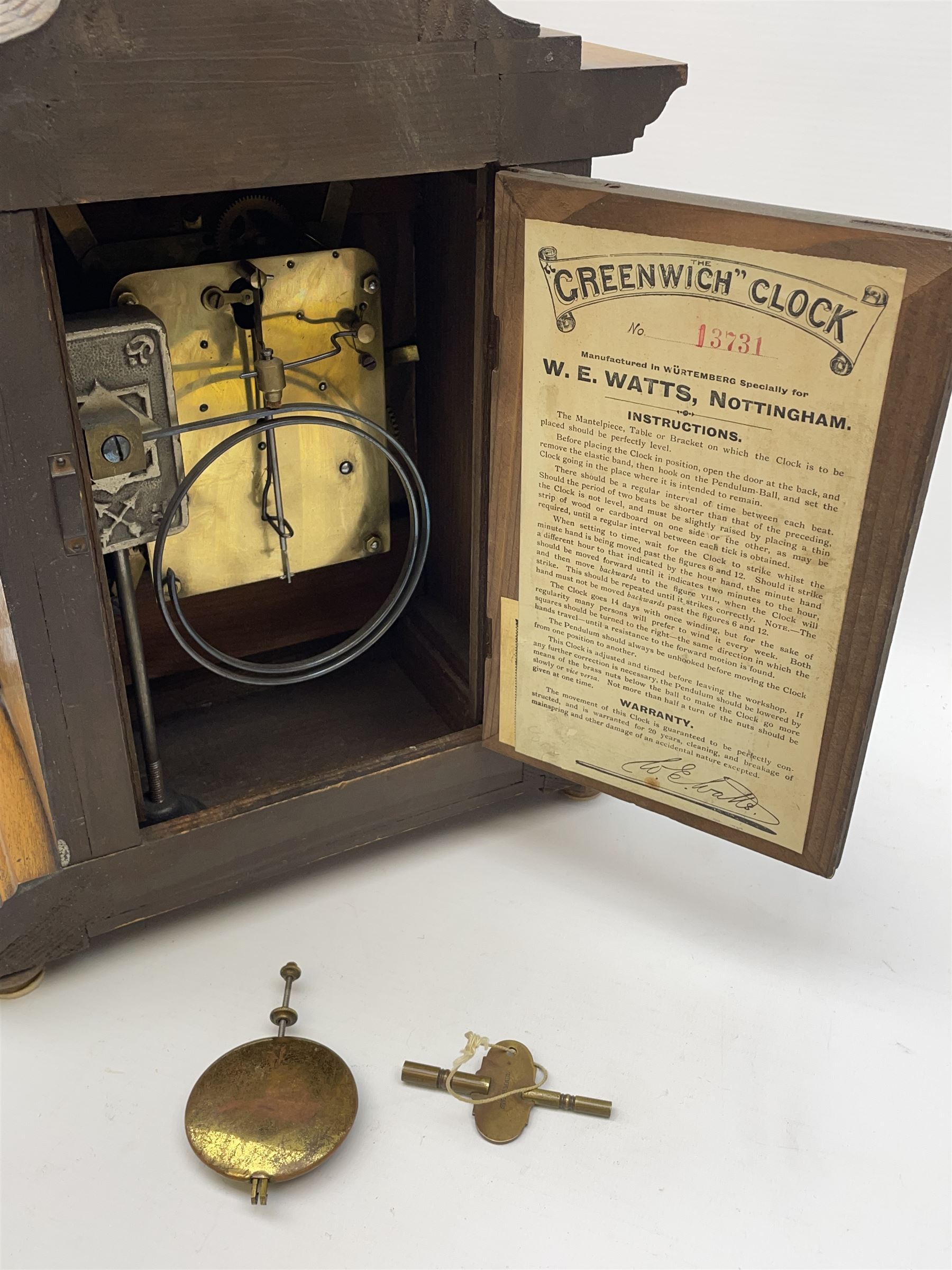 Late 19th century walnut cased  'Greenwich Clock' by W.E. Watts of Nottingham, No.13731, twin train movement striking the hours on coil