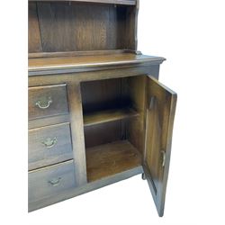 Georgian style oak dresser and rack, fitted with three drawer and two cupboards, two shelves