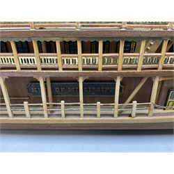Hand built model of a river paddle steamer 'King of the Mississippi' and a sailing ship with three masts and unfurled sails, largest example H80cm, L101cm