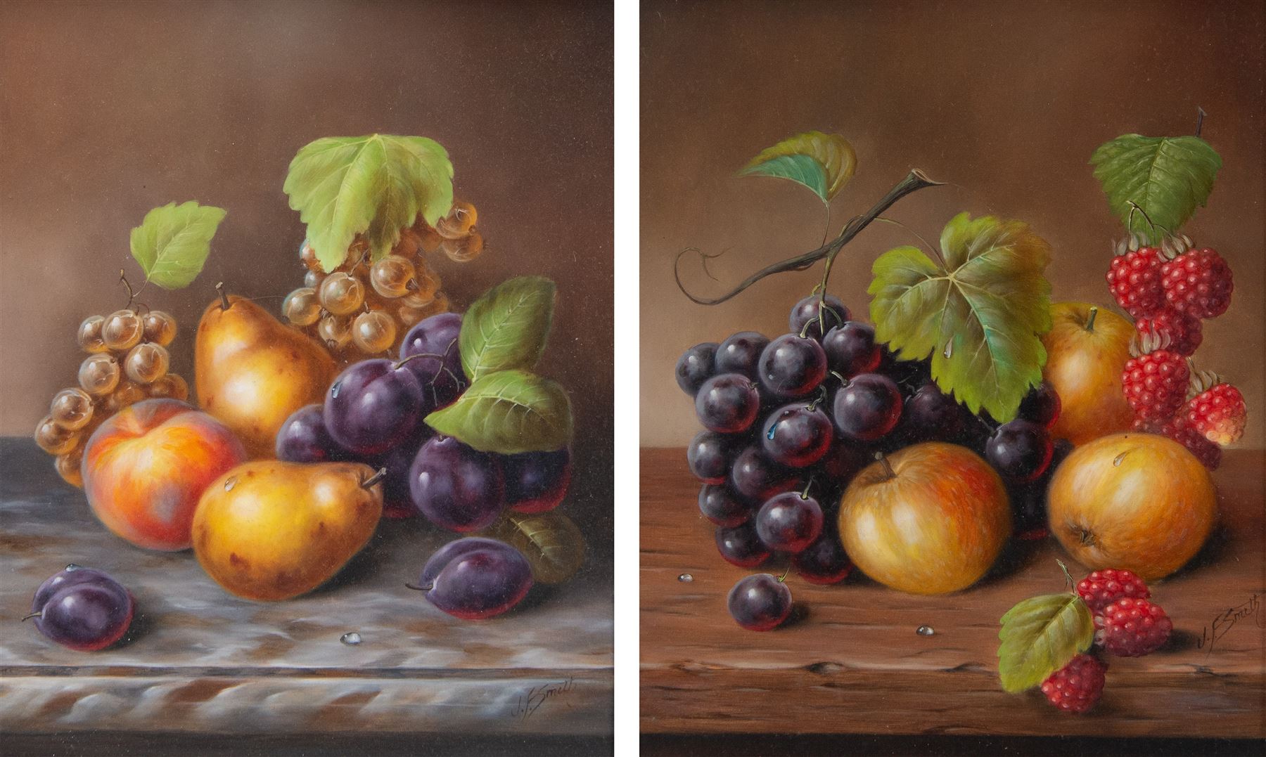 John F Smith (British 1934-): Still Life of Fruit, pair oils on board signed 29cm x 24cm
Notes: Smith was employed by Royal Worcester as a fruit painter between 1950 and 1971.