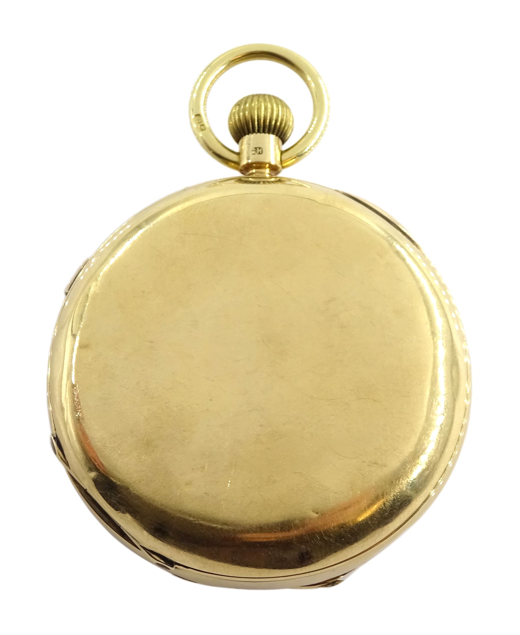 Edwardian 18ct gold full hunter, keyless chronograph pocket watch by Talbot & Son, London, No. 17889, the movement inscribed 'Talbot & Son Chronometer Makers', white enamel dial with Roman numerals, case makers mark B B, Chester 1904