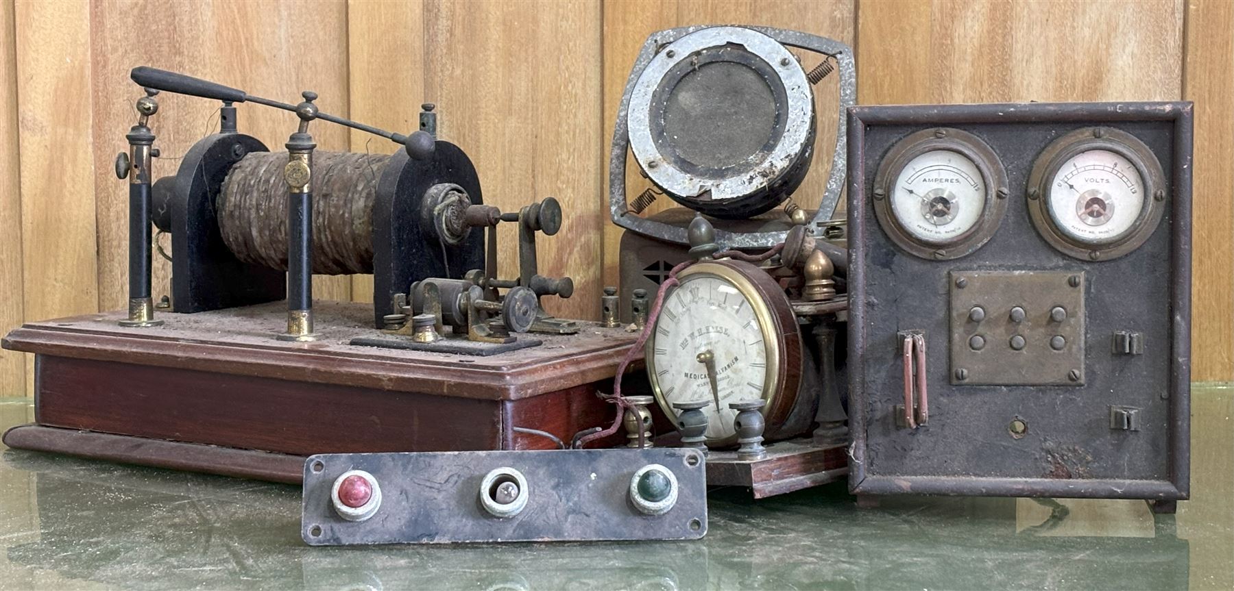 Group of early electrical test implements, to include an electrical shocking machine, amp and volt meter, etc.  - COLLECTION BY APPOINTMENT FROM: The White House, Thirsk Road, Easingwold, York, YO61 3NF - CALL 01723 507111 TO ARRANGE